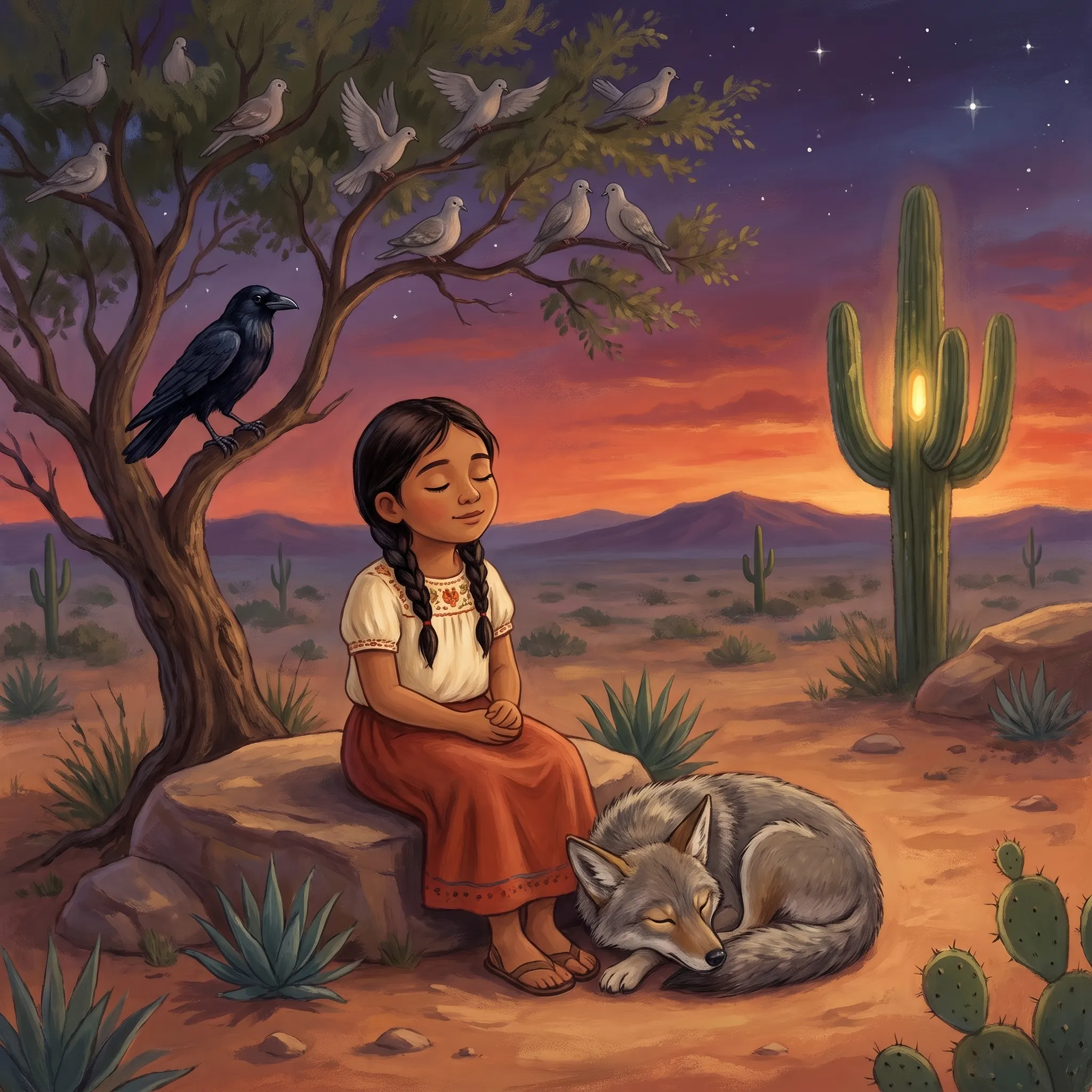 A tree full of white doves against a sunset sky, a raven perched among them, a girl below with her eyes closed and a coyote asleep at her feet.