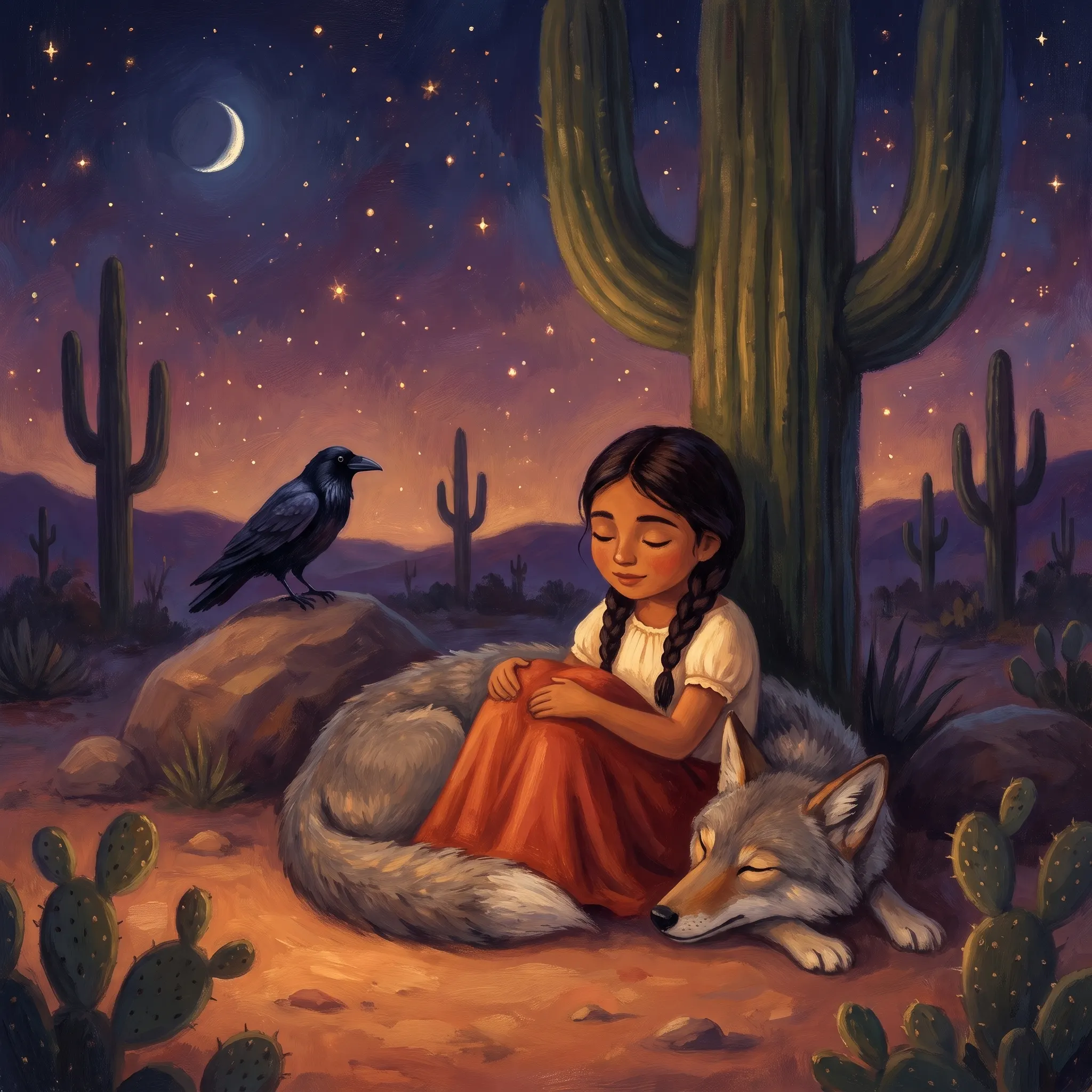A crescent moon and stars over a desert, a girl asleep against a curled-up coyote, a raven watching from a rock nearby.
