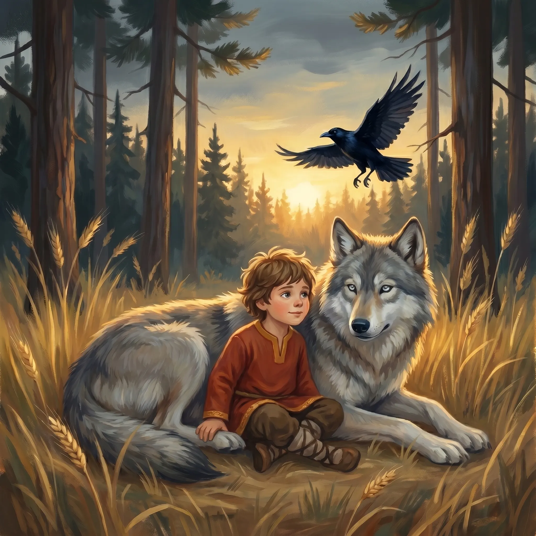 The sun setting through tall pines, a boy and a grey wolf sitting together in the gold light, a raven flying through it.
