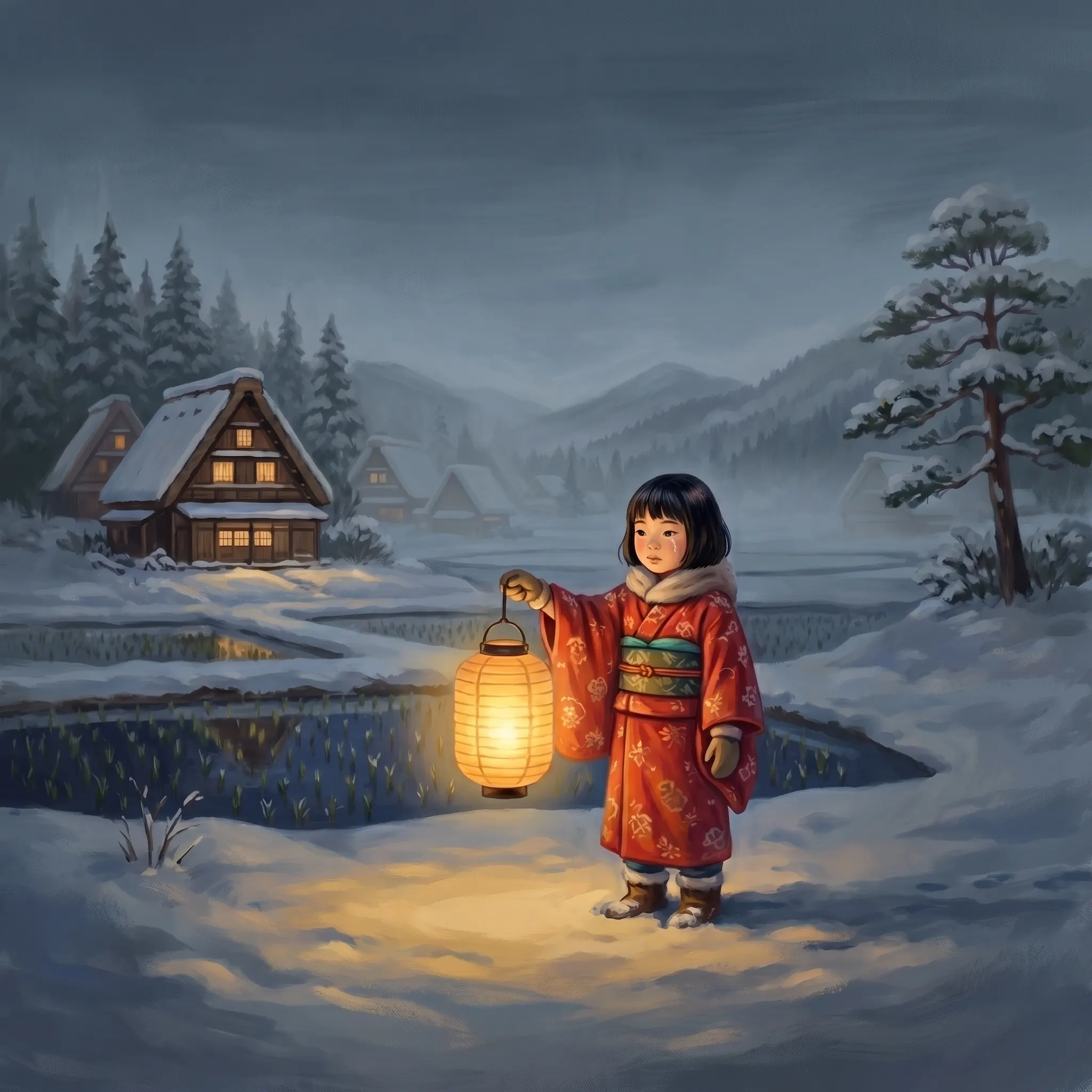 A snow-covered village at blue hour, one warm lantern burning, hazy mountains fading into mist behind it.