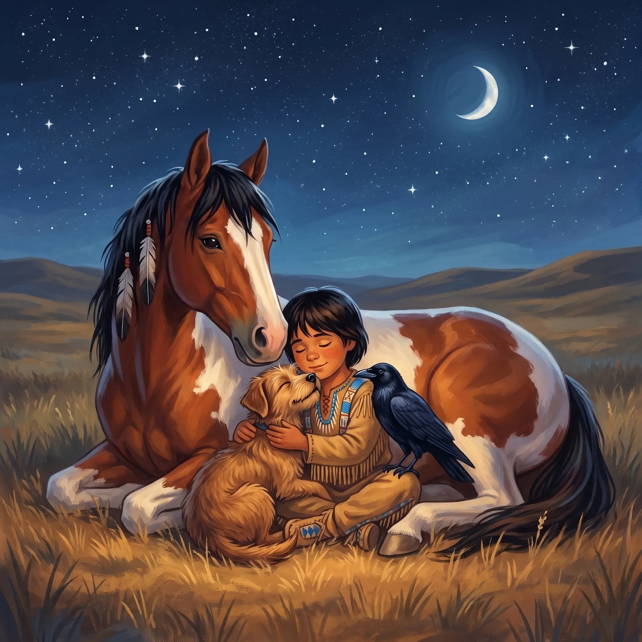 A crescent moon over open ground, a horse lying down, a boy asleep against his dog, a raven close by.
