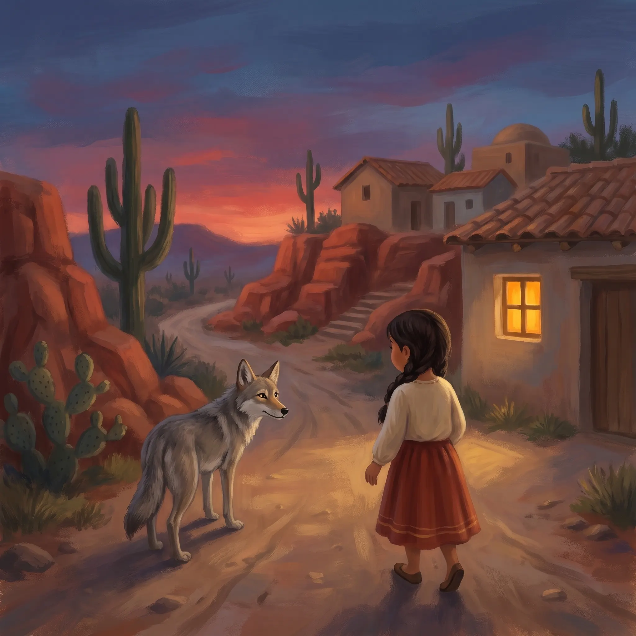 A desert village at dusk with a single lit window, a girl and a coyote walking home along the road.
