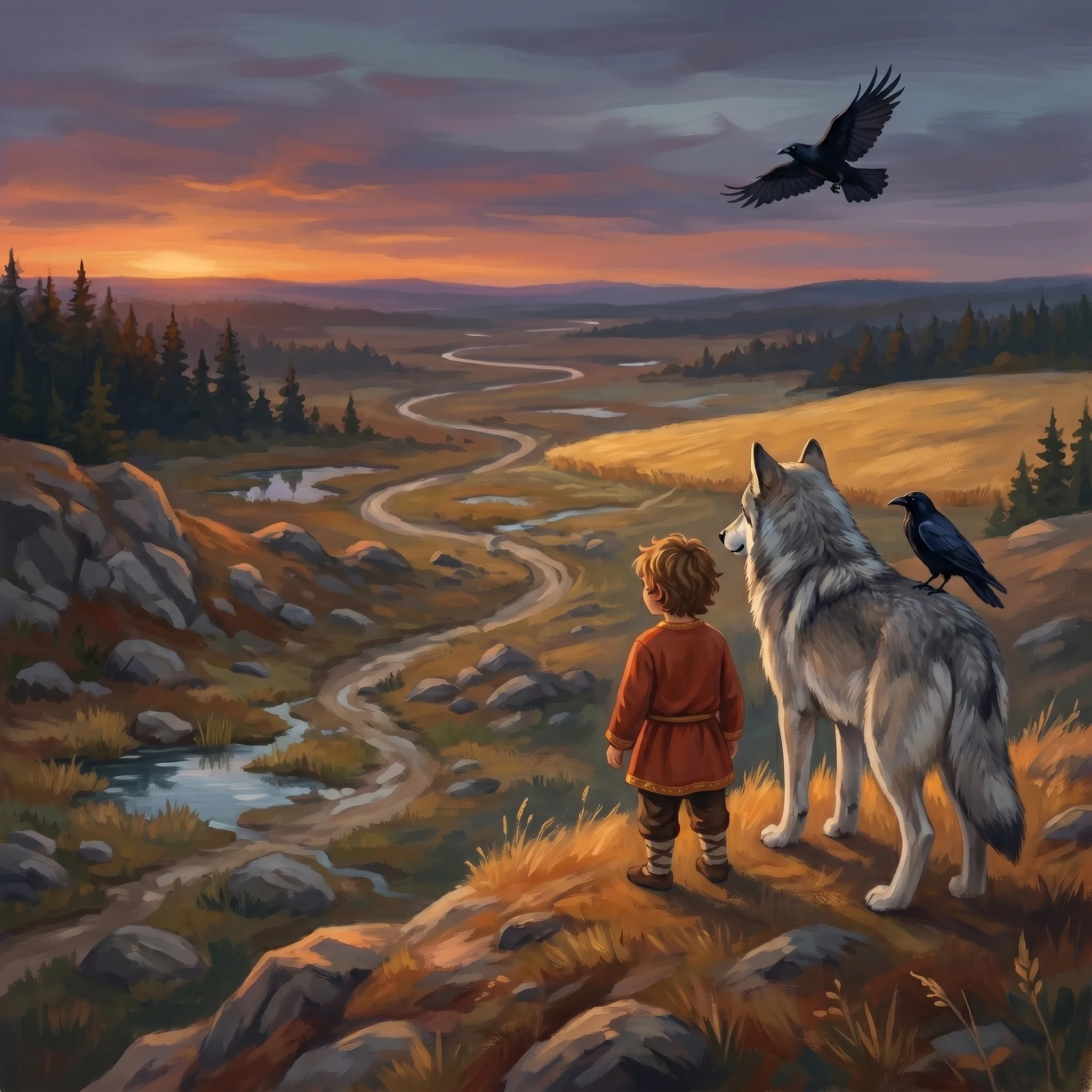 Seen from behind, a boy in a rust-red tunic and a grey wolf stand together on a ridge at sunset, looking out over a wide valley where a river winds toward the horizon. One raven flies overhead and another is perched on the ridge beside them.