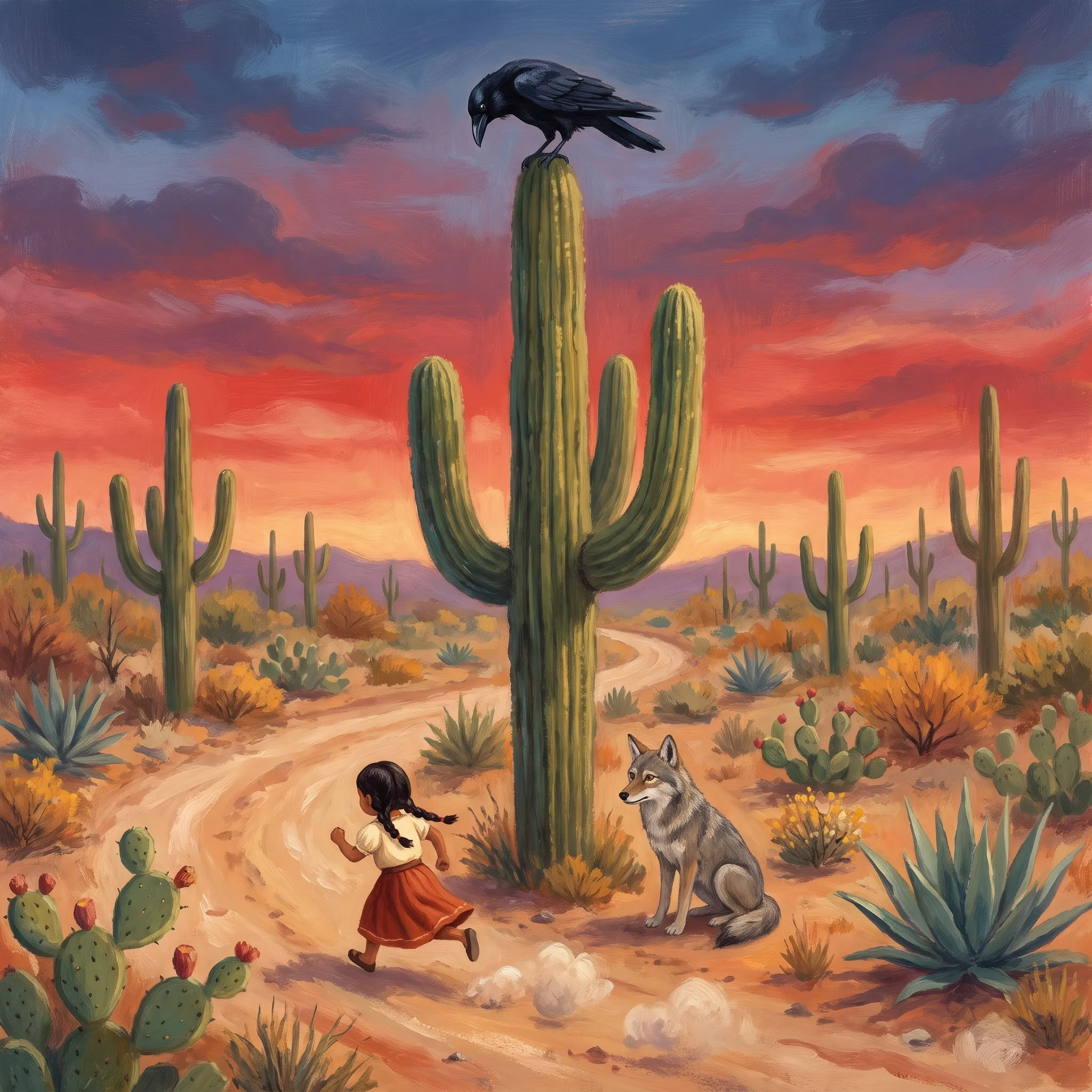 A black raven perched at the top of a tall saguaro cactus, still, against a rust and slate-blue dusk sky.